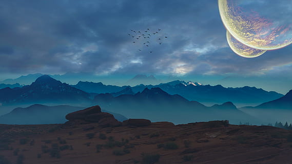 ptáků, létající, nebe, horské malby, planet, kosmos, měsíc, sol, asteroid, modrý, Země, manipulace s fotografiemi, digitální umění, hora, nikdo, venku, mrak - nebe, scén, Příroda, krajina, krása v přírodě, pohoří, scenics - příroda, klidné scény, životní prostředí, pták, klid, zvíře, skupina zvířat, zvířat, zvířata ve volné přírodě, hejno ptáků, úplněk, digitální kompozitní, 1080P, CC0, veřejná doména, bez autorských práv