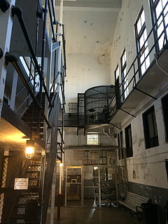 prison, jail, cell, cell block, crime, criminal, prisoner, punishment, justice, security, bars, lockup, convict, inmate, trapped, imprison, architecture, built structure, staircase, building, steps and staircases, indoors, no people, railing, abandoned, window, metal, empty, entrance, ladder, low angle view, illuminated, door, factory, ceiling, 2K, CC0, public domain, royalty free