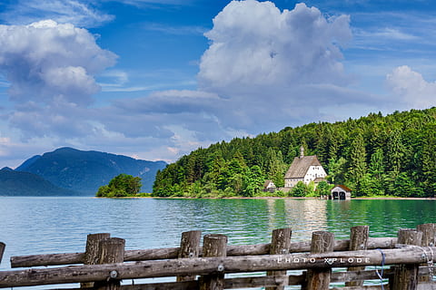 sky, vacation, water, clouds, cloud, daylight, fence, idyllic, lake, paradise, scenic, trees, walchensee, tree, cloud - sky, beauty in nature, plant, scenics - nature, mountain, nature, day, tranquility, architecture, tranquil scene, built structure, non-urban scene, no people, building exterior, outdoors, 5K