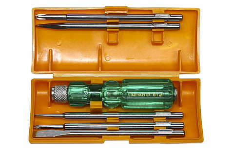 green, handle, screwdriver kit, brown, case, tools, tool box, toolbox, box, equipment, construction, repair, screwdriver, metal, screw, industry, plastic, steel, repairman, instruments, home, hardware, mechanic, fix, repairing, work Tool, construction Industry, wrench, studio shot, white background, no people, indoors, cut out, close-up, container, still life, yellow, choice, silver colored, green color, large group of objects, finance, wood - material, investment, hygiene, care, 5K, CC0, public domain, royalty free