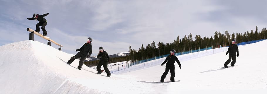 snowboarding, sekvence, kolejnice, zimní, sníh, studená teplota, sport, plná délka, skupina lidí, pohyb, zimní sport, volnočasové aktivity, prázdnin, Příroda, dospělý, muži, nebe, zamrzlý, samci, ženy, žen, hora, teplé oblečení, led, venku, zralí muži, 5K