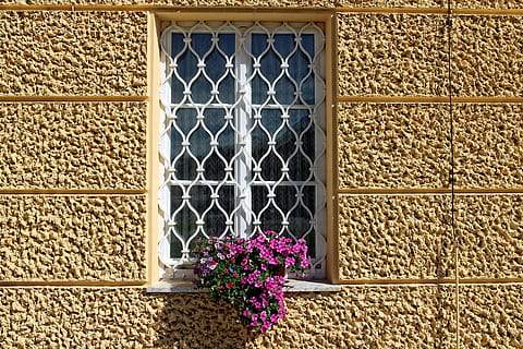 vinduesgitter, vindue, gitter, gammel, facade, rist, smedejern, verschnörkelt, sikkerhed, klatrer, blomster, vindueskarm, spærret vindue, ornament, hauswand, dekoration, plante, deco, bygning, væg, sten-, blomst, blomstrende plante, dag, bygget struktur, arkitektur, ingen mennesker, mønster, natur, murbygningsfunktion, metal, tæt på, bygning udvendig, skrøbelighed, udendørs, friskhed, Stenmur, lilla, 5K, CC0, offentligt domæne, royaltyfrie