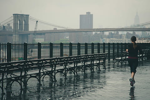 kvinde, løb, legeme, vand, brooklyn bridge, baggrund, sort, skjorte, bænk, løbe, løber, jogger, bro, brooklyn, new york, nyc, Manhattan, ny, flod, regn, overskyet, sport, fitness, bygget struktur, arkitektur, forbindelse, bro - menneskeskabt struktur, en person, by, livsstil, rigtige mennesker, bygning udvendig, rækværk, himmel, transportmidler, fuld længde, Kvinder, stående, bagfra, udendørs, 4K, CC0, offentligt domæne, royaltyfrie