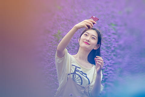 portrait, the self-timer, mood, one person, young adult, purple, women, waist up, young women, beauty, front view, human arm, smiling, fashion, beautiful woman, flowering plant, lifestyles, flower, hair, adult, casual clothing, outdoors, hairstyle, arms raised, 5K, CC0, public domain, royalty free