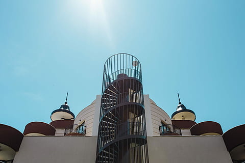 sunny, beach, Hotel, Sunny Beach, Bulgaria, architecture, design, stairs, building, dome, blue, sky, church, religion, mosque, built Structure, building Exterior, islam, outdoors, arch, low angle view, sunlight, clear sky, nature, no people, city, day, communication, travel destinations, travel, skyscraper, 5K