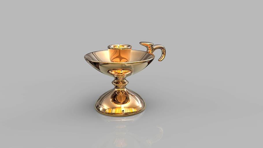 candelabro, vela, Trofeu, tir de l'estudi, premi, guanyar, assoliment, sol objecte, èxit, a l'interior, còpia espai, cap gent, color daurat, reflexió, or, metall, tallar, competició, brillant, fons gris, orgull, celebració, luxe, 4K