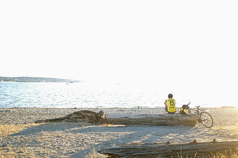 person, sitting, shore, man, lumber, near, ocean, sea, water, waves, nature, sunny, day, beach, coast, wood, people, back, travel bike, outdoor, bicycle, sky, one man only, only men, adults only, one person, outdoors, adult, clear sky, transportation, copy space, mode of transportation, men, land, land vehicle, sunlight, ride, riding, horizon over water, 4K