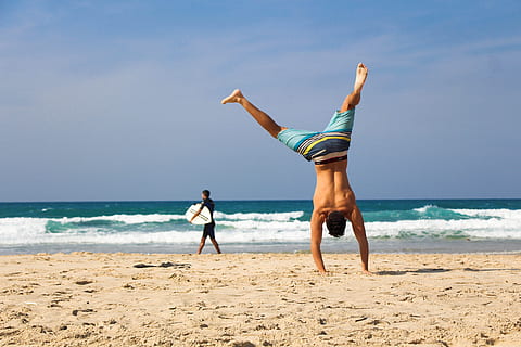 healthy, sea, sunset, man, active, activity, balance, beach, body, enjoyment, exercise, female, fit, fitness, dom, fun, gymnastics, handstand, happy, joy, leisure, lifestyle, male, muscles, ocean, outdoor, peace, people, person, pose, recreation, relax, relaxation, sand, seashore, shape, sport, sportswear, strength, strong, summer, sun, surfboard, surfer, travel, tropical, vacation, water, waves, land, full length, sky, two people, leisure activity, real people, togetherness, men, horizon, adult, horizon over water, holiday, day, nature, beauty in nature, outdoors, 5K