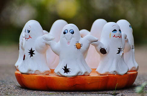 white ghost ornament, white ghost, ornament, halloween, ghosts, ghost, group, cute, foraging haunting, figure, spirit, autumn, mood, october, haunt, pumpkin, happy halloween, white color, outdoors, no people, focus on foreground, day, close-up, art and craft, representation, creativity, human representation, craft, female likeness, sculpture, figurine, still life, nature, male likeness, selective focus, statue, 4K, CC0, public domain, royalty free