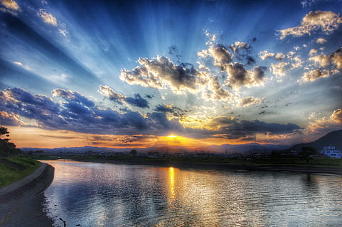 legeme, vand, solnedgang fotografering, krop af vand, solnedgang, fotografering, mousserende, Sky, landskab, himmel, japan, naturlig, romantisk, i skumring, lys, vind, natur, sky - himmel, sø, afspejling, scenics, cloudscape, udendørs, sommer, skumring, blå, skønhed i naturen, sollys, sol, rolig scene, ikke-urbane scene, flod, scenics - natur, ro, ingen mennesker, havnefronten, orange farve, idyllisk, dramatisk himmel, miljø, 5K, CC0, offentligt domæne, royaltyfrie
