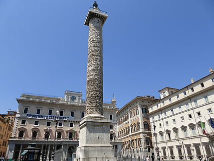 Roma, quadrat, carrers, columna, marcus aurelius, arquitectura, exterior de l'edifici, estructura construïda, ciutat, cap gent, blau, destinacions de viatge, columna arquitectònica, història, viatjar, vista d’angle baix, el passat, naturalesa, cel, turisme, dia, cel clar, edifici, torre, memorial, monument, a l'aire lliure, 4K, CC0, domini públic, lliure de regalies