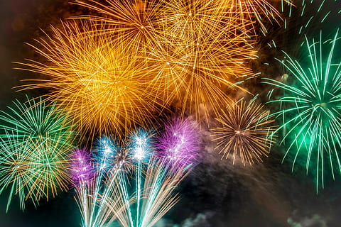 fireworks, night, Display, at night, various, celebration, exploding, bright, fire - Natural Phenomenon, firework - Man Made Object, vibrant Color, multi Colored, event, party - Social Event, black Color, firework Display, yellow, colors, backgrounds, glowing, illuminated, no people, firework, motion, arts culture and entertainment, nature, low angle view, outdoors, light, close-up, new year's eve, beauty in nature, 4K