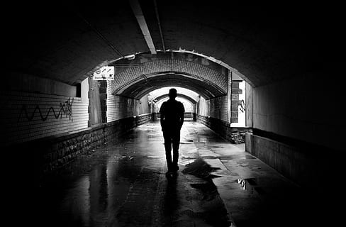 silhouette photo, man, tunnel, alone, architecture, black, black and white, black-and-white, brickwall, dark, graffiti, monochrome, passage way, path, pathway, person, silhouette, solo, stonewalls, street art, underground, underpass, vandalism, walking, water, way, wet, full length, rear view, one person, direction, built structure, indoors, the way forward, arch, transportation, building, corridor, men, motion, arcade, light at the end of the tunnel, leaving, underground walkway, 4K