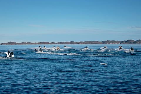 time lapse photography, cuddy boat, body, water, calming, sky, blue, ocean, photography, people, men, boat, sailing, sport, race, sea, horizon, mountain, nature, animals in the wild, large group of animals, animal wildlife, animal themes, day, outdoors, animal, group of animals, vertebrate, beauty in nature, waterfront, mammal, swimming, clear sky, aquatic mammal, marine, seagull, 4K