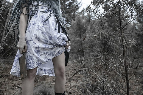 woman, holding, clever, knife, forest, hack, blade, murderer, murder, horror, female, legs, killer, conceptual, dress, tree, beauty, spooky, people, outdoors, adult, walking, land, one person, real people, plant, day, women, standing, nature, young women, focus on foreground, lifestyles, leisure activity, young adult, front view, woodland, three quarter length, hairstyle, beautiful woman, 2K, CC0, public domain, royalty free
