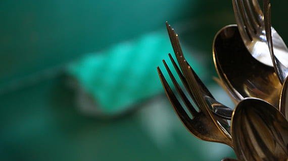forks, silverware, sponge, kitchen utensil, indoors, household equipment, eating utensil, fork, close-up, metal, no people, spoon, food and drink, wood - material, focus on foreground, ladle, selective focus, green color, extreme close-up, food, group of objects, still life, medium group of objects, silver colored, 5K, CC0, public domain, royalty free