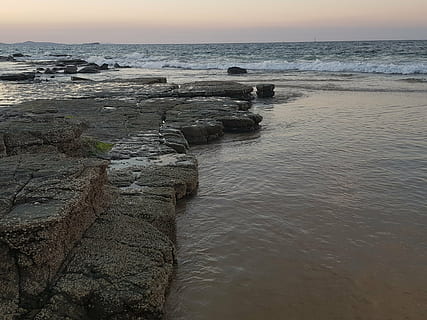 mooloolaba, beach, sunset, winter, rocks, sand, sea, coastline, nature, rock - Object, water, horizon over water, sky, horizon, scenics - nature, beauty in nature, land, tranquility, tranquil scene, rock, solid, no people, non-urban scene, idyllic, outdoors, rocky coastline, 4K, CC0, public domain, royalty free
