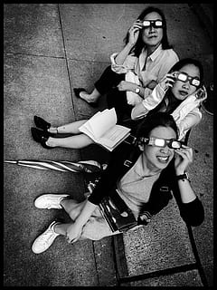 eclipse, solar eclipse, glasses, expression, looking up, sky, pov, symmetry, china, chinese, woman, women, black and white, full length, high angle view, fashion, sitting, togetherness, portrait, adult, looking at camera, people, group of people, young adult, females, young women, lifestyles, leisure activity, shoe, real people, beautiful woman, 4K, CC0, public domain, royalty free