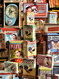 blikjes, stack, nostalgie, menselijke representatie, vertegenwoordiging, mannelijke gelijkenis, vrouwelijke gelijkenis, kunst en ambacht, geen mensen, keuze, tekst, multi gekleurd, variatie, verzameling, arrangement, kleinhandel, communicatie, grote groep objecten, religie, geloof, creativiteit, geestelijkheid, binnenshuis, bestellen, 4K, CC0, publiek domein, royaltyvrij
