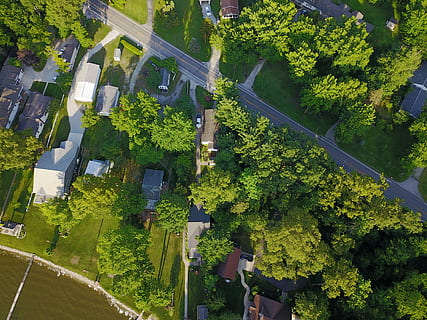 drone, sone, ned, tre, anlegg, grønn farge, høy vinkel visning, arkitektur, natur, vekst, dag, bygget struktur, by, skjønnhet i naturen, utendørs, naturskjønnhet - natur, vei, livsstil, transport, land, mennesker, landskap, sollys, 4K, CC0, offentlig domene, opphavsrett gratis
