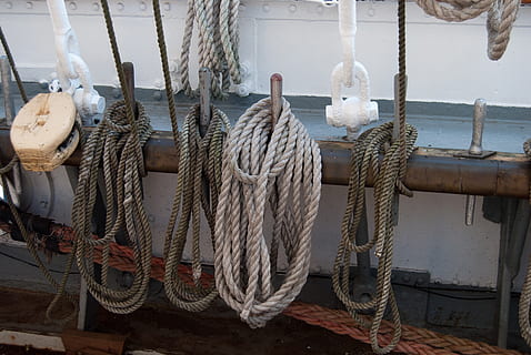rope, ship, assemblies, hanging, no people, water, day, nautical vessel, buoy, fishing net, nature, outdoors, white color, fishing industry, sea, fishing, tied up, equipment, strength, transportation, commercial fishing net, sailboat, 4K, CC0, public domain, royalty free