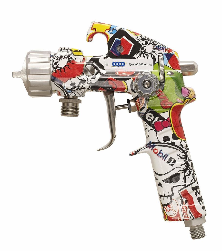 vzor, vzorované, stříkací pistole, airbrush, malování, bílé pozadí, studio shot, vystříhnout, kov, uvnitř, technologie, robot, zastoupení, kopie prostor, detail, sdělení, umění a řemesla, stroje, zbraň, stálý život, nikdo, aktivita, lidské zastoupení, 2K