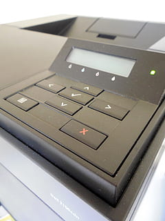 printer, laser printer, office, technology, indoors, close-up, communication, no people, control, arts culture and entertainment, still life, number, table, text, focus on foreground, wireless technology, convenience, push button, music, western script, connection, accuracy, photography themes, electrical equipment, 2K, CC0, public domain, royalty free