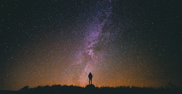 silhouette, man, standing, stars, galaxy, space, night, dark, evening, people, real people, one person, lifestyles, leisure activity, men, rear view, beauty in nature, star - space, astronomy, sky, scenics - nature, star, milky way, nature, star field, tranquility, tranquil scene, infinity, landscape, outdoors, space and astronomy, purple, 5K, CC0, public domain, royalty free