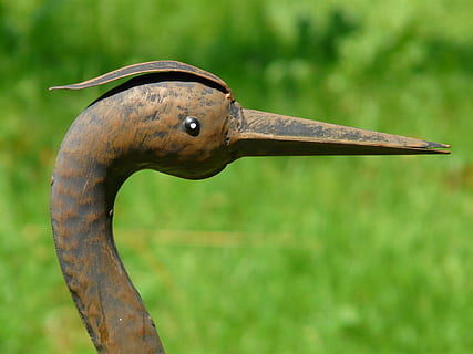hejre, hoved, fugl, figur, kobber, tæt, makro, metal, metalbearbejdning, fokus på forgrunden, rusten, ingen mennesker, tæt på, dag, natur, gammel, Kunst og håndværk, udendørs, grøn farve, dyr repræsentation, dyr, repræsentation, et dyr, dyre temaer, forvitret, sidebillede, kreativitet, enkelt objekt, 2K, CC0, offentligt domæne, royaltyfrie