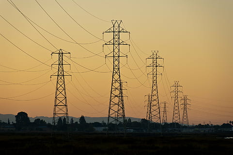 transmission towers, black, electric, tower, sunset, dusk, sky, power lines, electricity, landscape, nature, electricity pylon, cable, fuel and power generation, no people, power supply, outdoors, technology, power line, connection, silhouette, tall - high, environment, low angle view, orange color, iron - metal, 2K