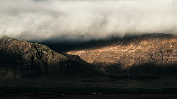 brown, rocky, mountain, white, clouds, mountain under cloud, rock, cliff, cloud, rain, cloud - sky, fog, environment, landscape, scenics - nature, land, nature, sky, no people, water, beauty in nature, tree, plant, travel destinations, lake, outdoors, travel, mountain range, 5K, CC0, public domain, royalty free