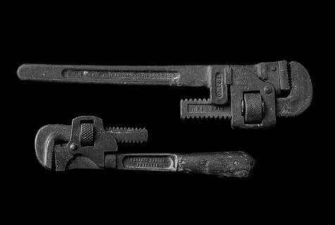 two, black, adjustable, pipe wrenches, gray, surface, wrench, dark, tools, spanner, black and white, still life, tool, metal, close-up, indoors, studio shot, no people, screw, black background, work tool, security, technology, hand tool, single object, connection, cut out, communication, protection, equipment, high angle view, 1080P, CC0, public domain, royalty free