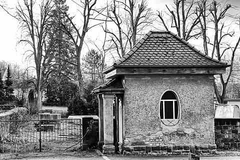 die Architektur, Hütte, alt, gebrochen, verlassen, altes Gebäude, krank, Schwarz und weiß, spröde, zugrunde richten, verfallen, heruntergewirtschaftet, gebaute Struktur, Gebäudehülle, Baum, Gebäude, Pflanze, Tag, kahler Baum, keine Leute, Natur, Haus, Fenster, Anbetungsstätte, draußen, Religion, Eingang, Glauben, Spiritualität, Geschichte, die Vergangenheit, 4K, CC0, gemeinfrei, lizenzfrei