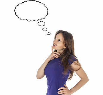 woman, purple, crew-neck t-shirt, speech bubble, thought, thoughts, think, idea, dream, dreams, people, stand-alone, brown haired, girl, beautiful, white background, emotions, cloud of thoughts, smile, women, thought Bubble, thinking, cheerful, adult, females, cute, one person, studio shot, young women, young adult, standing, indoors, waist up, lifestyles, casual clothing, cut out, portrait, beauty, copy space, looking, beautiful woman, hairstyle, 2K, CC0, public domain, royalty free