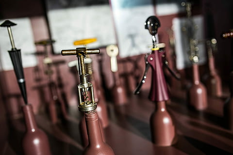 various, art installations, exposition, art, design, installation, gallery, alcohol, bottle, wine Bottle, drink, wine, indoors, glass - Material, no People, close-up, day, focus on foreground, metal, choice, selective focus, variation, side by side, large group of objects, in a row, store, hanging, still life, musical instrument, arrangement, for sale, container, antique, retail, 4K