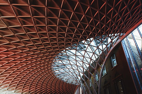 photo, red, concrete, building, daytime, architecture, infrastructure, design, london, built structure, roof, no people, indoors, building exterior, day, city, close-up, pattern, low angle view, modern, metal, ceiling, architectural feature, nature, industry, grid, alloy, steel, roof beam, architecture and art, 4K