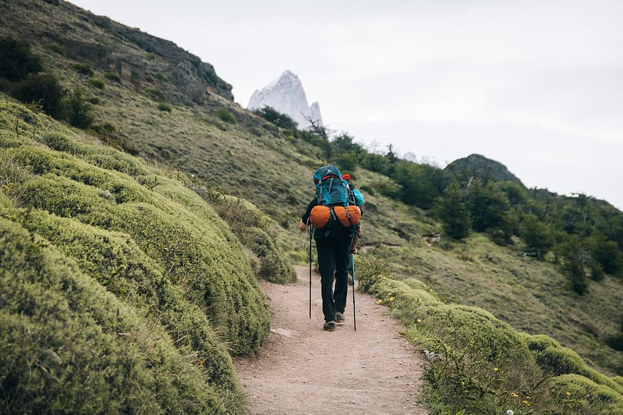 Mann, Tragen, Rucksack, halten, Trike-Stangen, Person, Wandern, Hügel, tagsüber, Landschaft, Berg, Buchse, Rückansicht, Gehen, in voller Länge, Schönheit in der Natur, Freizeitbeschäftigung, Szenen - Natur, Pflanze, Fußweg, Aktivität, Natur, Abenteuer, Urlaub, Ausflug, Reise, Nicht-städtische Szene, Urlaube, grüne Farbe, Gebirge, draußen, Weg, 1080P