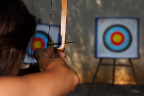 Arc, Activity, Target, Aim, Gol, sports target, skill, one person, arrow - bow and arrow, artist, day, art and craft, holding, accuracy, human hand, creativity, craft, indoors, occupation, concentration, hand, human body part, preparation, selective focus, focus on foreground, close-up, watercolor paints, 4K, CC0, public domain, royalty free