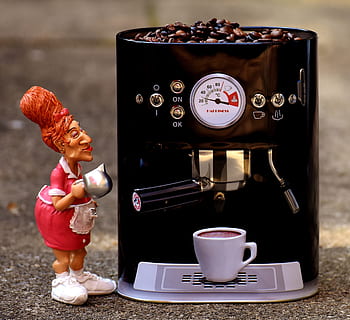 woman, wearing, apron, ceramic, figure, beside, black, espresso maker, coffee, waitress, operation, tea, control, bistro, bar, restaurant, funny, decoration, gastronomy, delicious, food and drink, representation, table, childhood, cup, human representation, toy, full length, still life, indoors, drink, standing, mug, one person, food, day, male likeness, child, coffee - drink, figurine, 4K, CC0, public domain, royalty free