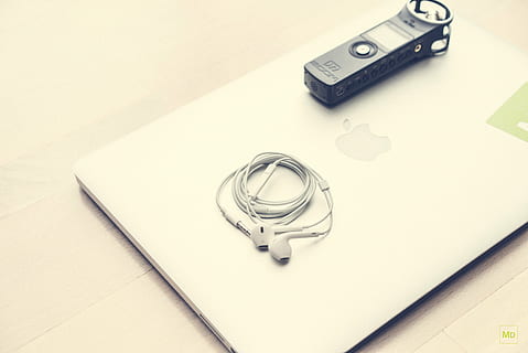 computer, earphones, electronics, gadgets, laptop, macbook, indoors, technology, high angle view, still life, table, no people, wireless technology, communication, studio shot, equipment, white color, close-up, mobile phone, copy space, directly above, connection, wood - material, man made object, white background, man made, 5K, CC0, public domain, royalty free