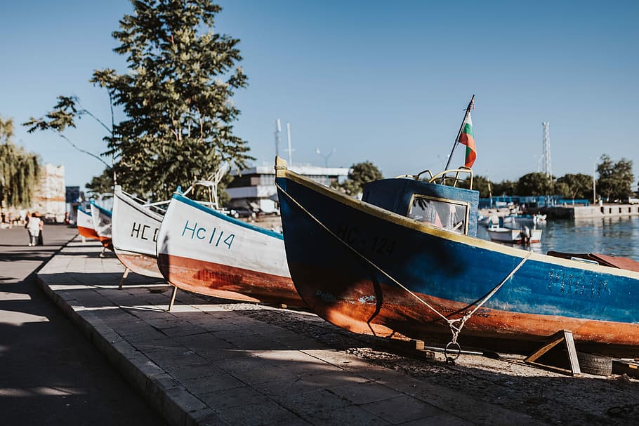 fishing boats berthed, marina, old, town, Fishing boats, Old Town, Nessebar, Bulgaria, sea, summer, water, evening, Europe, travel, trip, black sea, balkan, unesco, boats, fishing, berthed, nautical Vessel, fishing Boat, harbor, fishing Industry, outdoors, flag, no people, clear sky, day, patriotism, transportation, mode of transportation, moored, nature, tree, sky, plant, text, sunlight, western script, blue, land, anchored, 5K