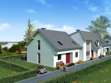 aéreo, fotografía, casa, casa adosada, villa, representación, visualización, arquitectura, visualización 3d, visualización arquitectónica, paisaje, edificio, cgi, exterior del edificio, estructura construida, planta, árbol, cielo, hierba, Distrito residencial, naturaleza, transporte, nube - cielo, día, coche, modo de transporte, nadie, Vehículo de motor, color verde, campo, al aire libre, 4K, CC0, dominio público, libre de derechos