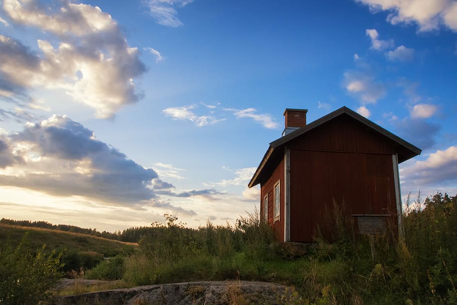 rosso, capanna, sera, tramonto, Casa, estate, Cottage, acqua, panoramico, tradizionale, natura, nordico, all'aperto, paesaggio, nord, Europa, cielo, blu, Finlandia, architettura, fiume, erba, nube, escursioni a piedi, europeo, nuvola - cielo, struttura costruita, esterno dell'edificio, terra, legno - materiale, nessuno, costruzione, giorno, pianta, bellezza nella natura, scena non urbana, ambiente, campo, scena tranquilla, la tranquillità, 4K