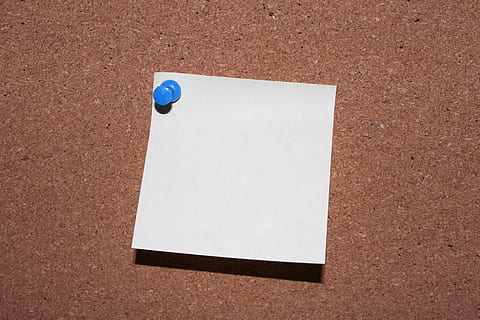 white paper, list, pin, post it, memo, paper, office, blue, notes, stickies, bulletin board, note, message, save to list, copy space, blank, no people, thumbtack, close-up, reminder, office supply, white color, empty, absence, single object, high angle view, attached, communication, brown, shadow, 5K, CC0, public domain, royalty free