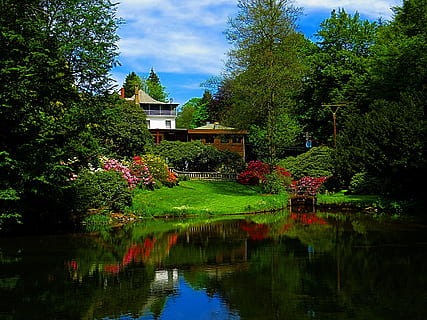 forår, natur, træ, flor, farve, parklandschaft, blomster, afspejling, vand, udendørs, ingen mennesker, plante, bygget struktur, arkitektur, vækst, sø, sky - himmel, himmel, bygning udvendig, havnefronten, skønhed i naturen, grøn farve, ro, bro, gangbro, 4K, CC0, offentligt domæne, royaltyfrie