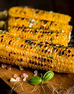 four, grilled, corn, top, brown, wooden, table, on top, wooden table, food, vegetable, yellow, close-up, freshness, healthy Eating, organic, corn On The Cob, agriculture, nature, sweetcorn, vegetarian Food, food and drink, no people, indoors, wellbeing, still life, leaf, ready-to-eat, plant part, focus on foreground, baked, plant, high angle view, herb, crockery, 5K, CC0, public domain, royalty free