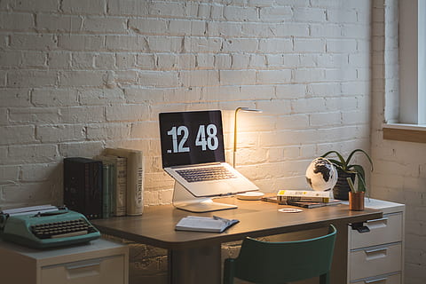 light, desk, laptop, table, chair, computer, digital, furniture, indoors, interior design, lamp, screen, seat, time, technology, brick wall, wall, wall - building feature, brick, communication, no people, connection, business, wireless technology, lighting equipment, computer equipment, publication, electric lamp, keyboard, 5K, CC0, public domain, royalty free