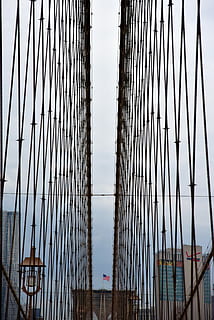 manhattan bridge, architecture, expression, steel, pattern, iron, abstract, city, outdoors, construction, ny, urban, american flag, flag, usa, new, york, new york, built structure, sky, low angle view, no people, suspension bridge, bridge - man made structure, bridge, connection, transportation, tourism, nature, day, travel destinations, travel, cable, building exterior, skyscraper, office building exterior, 5K, CC0, public domain, royalty free
