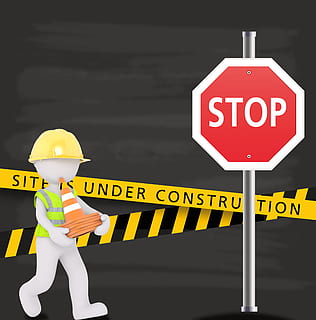 hombre, participación, naranja, pegatina de cono de tráfico, en construcción, detener, sitio, proteger, sitio web, cartelera, firmar, cerrado, no alcanzable, no disponible, franja de advertencia, trabajadores de la construcción, comunicación, escritura occidental, texto, una persona, Señal de tráfico, amarillo, casco, letra mayúscula, en pie, casco de seguridad, sombrero, dirección, señal de advertencia, la seguridad, la carretera, transporte, 5K, CC0, dominio público, libre de derechos