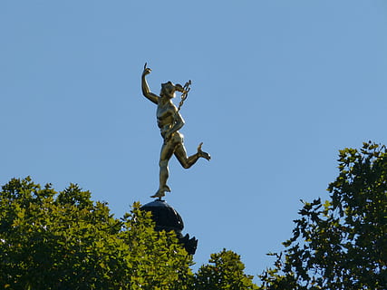 man, holding, staff statue, Stuttgart, Statue, Bronze, Copper, bronze, copper, hermes, greek, god, jumping, human arm, clear sky, low angle view, full length, blue, sky, mid-air, tree, nature, arms raised, plant, day, limb, men, outdoors, motion, people, sculpture, vitality, human limb, excitement, 4K, CC0, public domain, royalty free